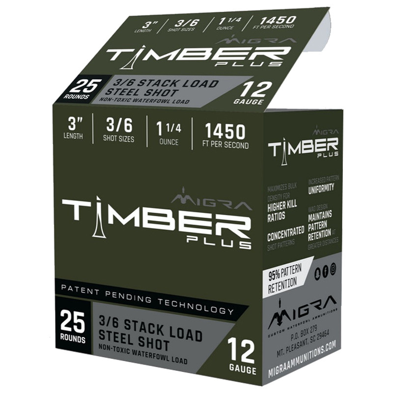 Migra Timber Plus Stack Load 12 Ga 3" Bismuth/Steel Case 250 Rd in Shot Size 3 & 6 Ammo Size